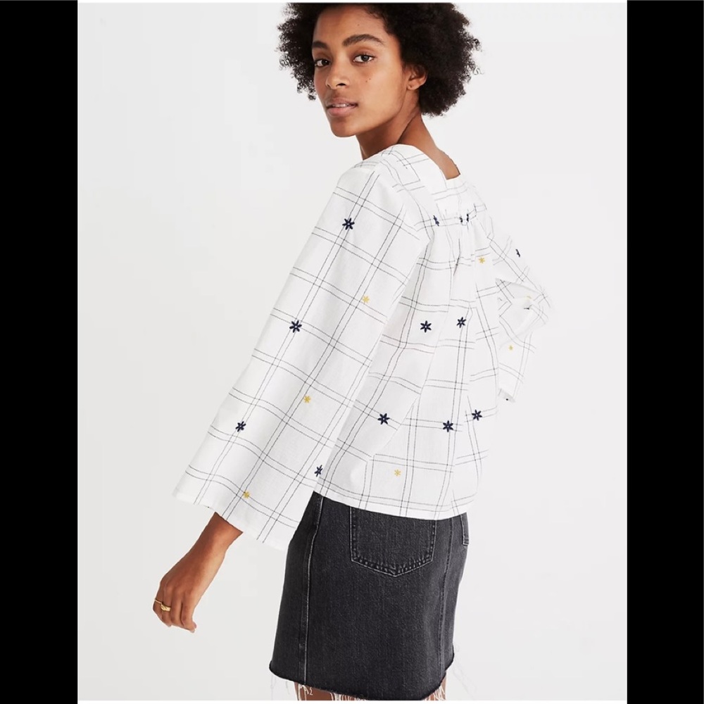 Embroidered Windowpane Square-Neck Button-Down Top - image 5